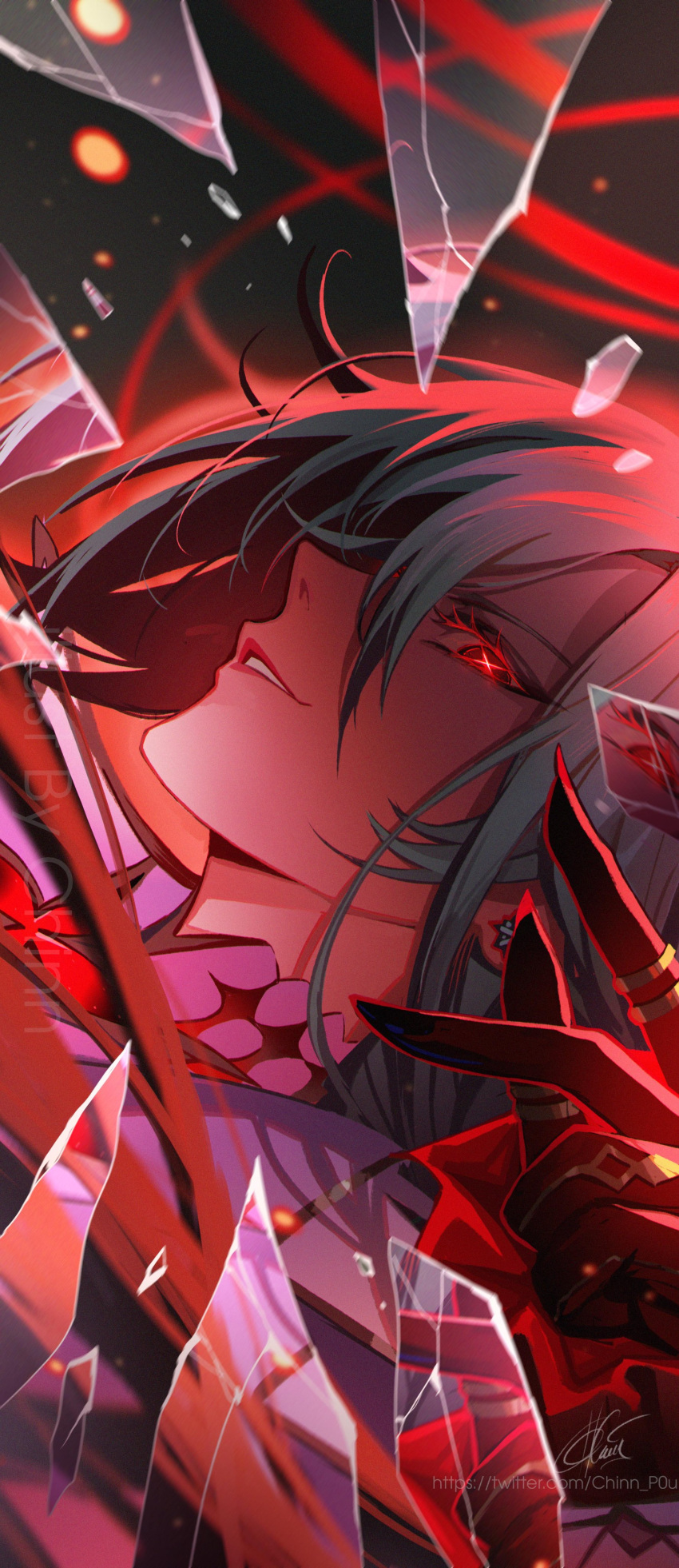 1girl, absurdres, arlecchino_(genshin_impact), black_eyes, black_hair, black_hands, breaking, broken, broken_glass, chinnpou, clawed_hands, colored_extremities, from_side, genshin_impact, glass, glowing, glowing_eyes, hair_between_eyes, highres, looking_at_viewer, multicolored_hair, profile, shards, smile, streaked_hair, symbol-shaped_pupils, x-shaped_pupils
