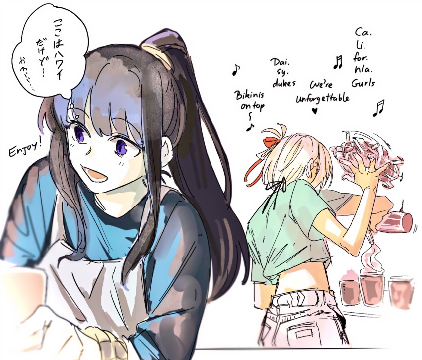 2girls, afterimage, apron, beamed_eighth_notes, black_hair, black_shirt, blonde_hair, blue_shirt, california_gurls, commentary_request, drink, eighth_note, english_text, hair_ribbon, highres, inoue_takina, koyomania, long_hair, long_sleeves, lycoris_recoil, medium_hair, motion_blur, multiple_girls, music, musical_note, nishikigi_chisato, open_mouth, ponytail, red_ribbon, ribbon, shirt, short_sleeves, simple_background, singing, smile, thought_bubble, translation_request, violet_eyes, white_background