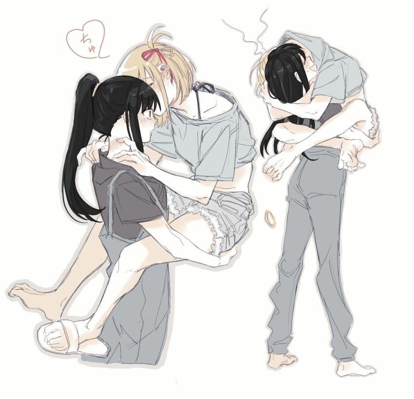2girls, bare_legs, barefoot, black_hair, blonde_hair, blush, carrying, carrying_person
