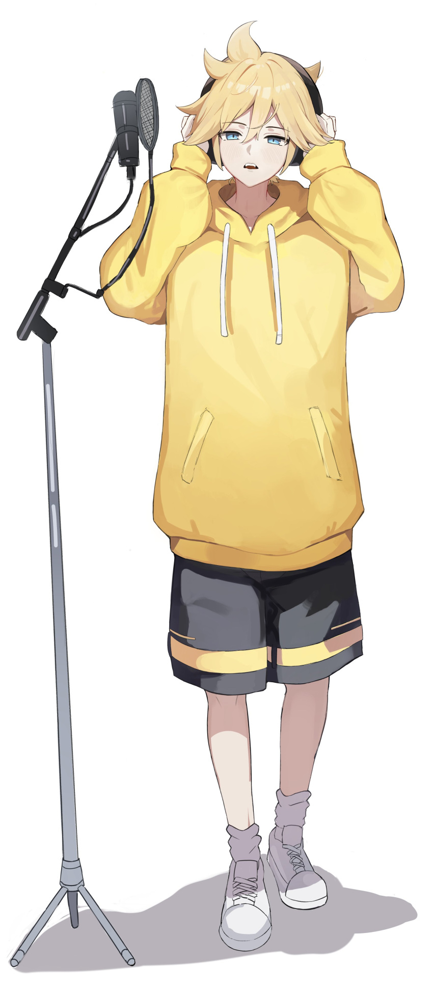 1boy, absurdres, ahoge, baggy_clothes, black_shorts, blonde_hair, blue_eyes, drawstring