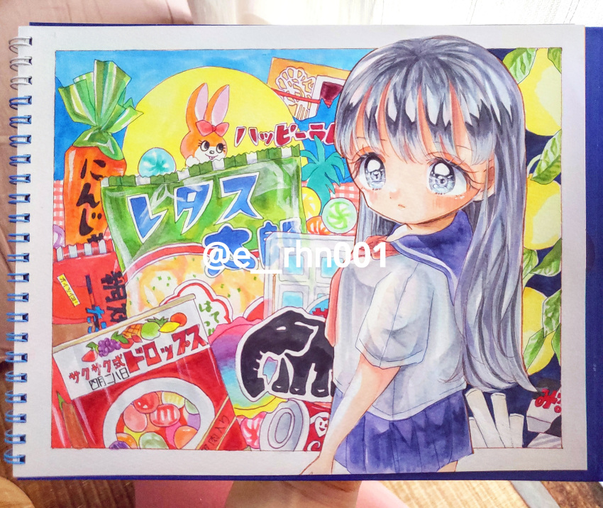 1girl, artist_name, blue_sailor_collar, blue_skirt, bow, candy, cowboy_shot, e_rhn001, expressionless, food, from_side, grey_eyes, grey_hair, highres, jelly_bean, leaf, long_hair, marker_(medium), neckerchief, original, photo_(medium), pink_bow, pleated_skirt, red_neckerchief, sailor_collar, shirt, short_sleeves, skirt, solo, traditional_media, white_shirt