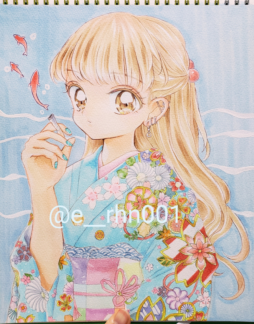 1girl, absurdres, aqua_nails, artist_name, blonde_hair, e_rhn001, ear_piercing, earrings, expressionless, fish, floral_print, floral_print_kimono, flower, green_flower, highres, holding, japanese_clothes, jewelry, kimono, leaf, looking_at_viewer, marker_(medium), obi, original, piercing, pink_flower, print_kimono, purple_flower, red_flower, sash, solo, surreal, traditional_media, upper_body, white_flower, yellow_eyes