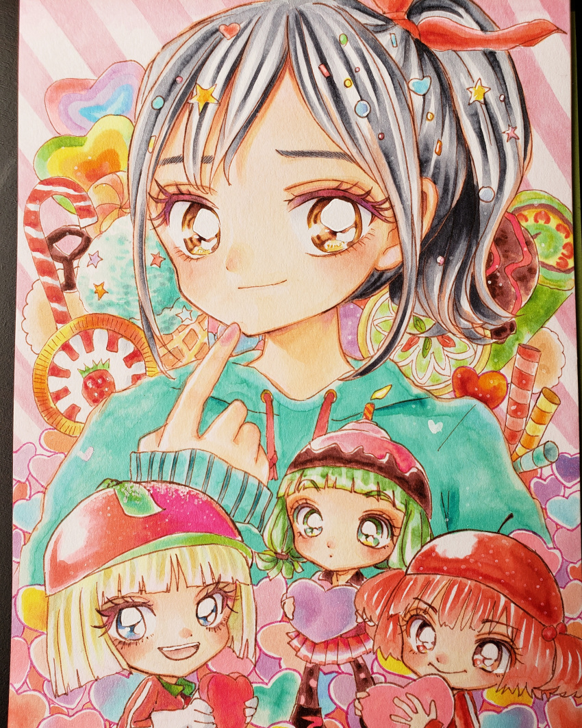 4girls, absurdres, black_hair, blonde_hair, blue_eyes, brown_eyes, candle, candlehead
