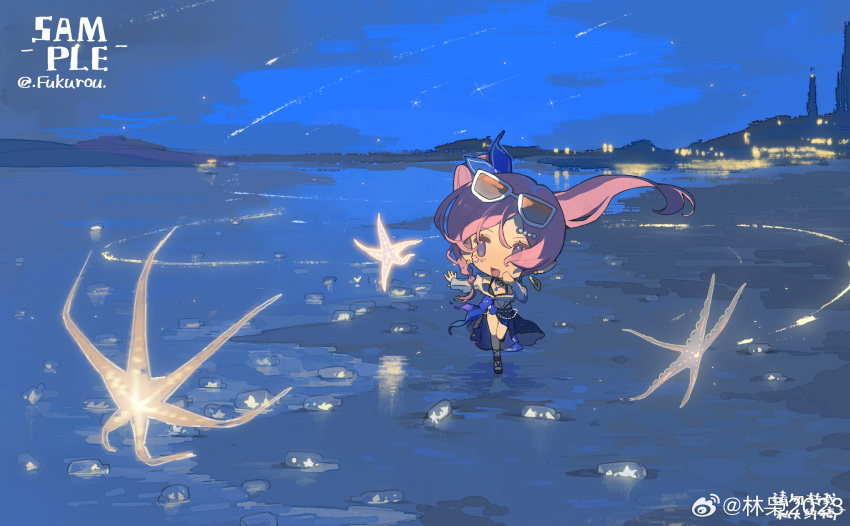 1girl, absurdres, artist_name, bare_shoulders, beads, black_footwear, blue_bow, blue_dress