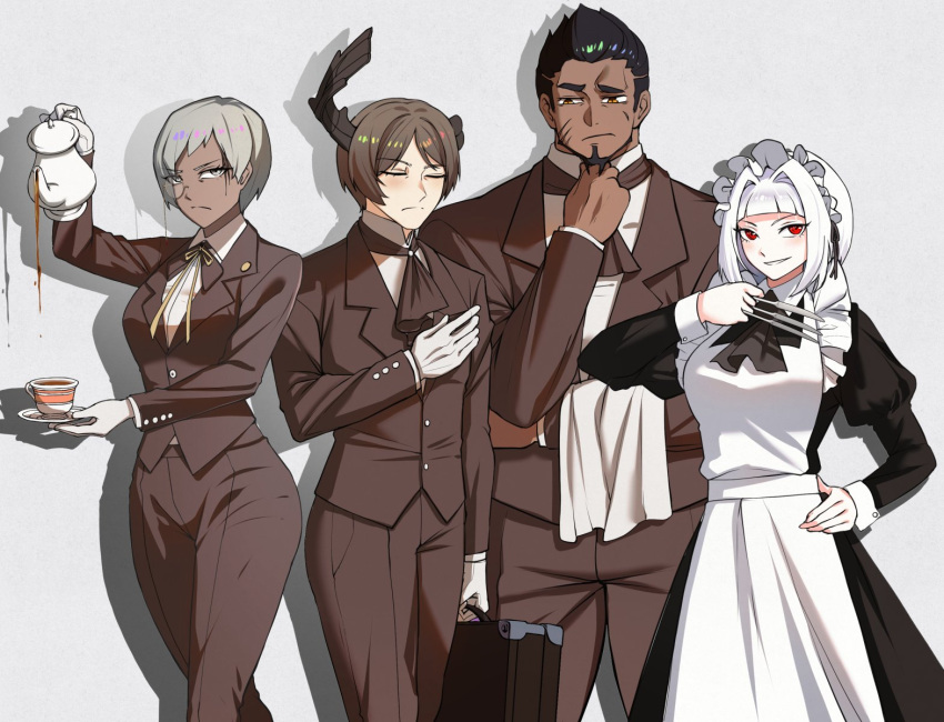 2boys, 2girls, adjusting_ascot, alternate_costume, androgynous, apron, ascot, asdf_(rokiru08)