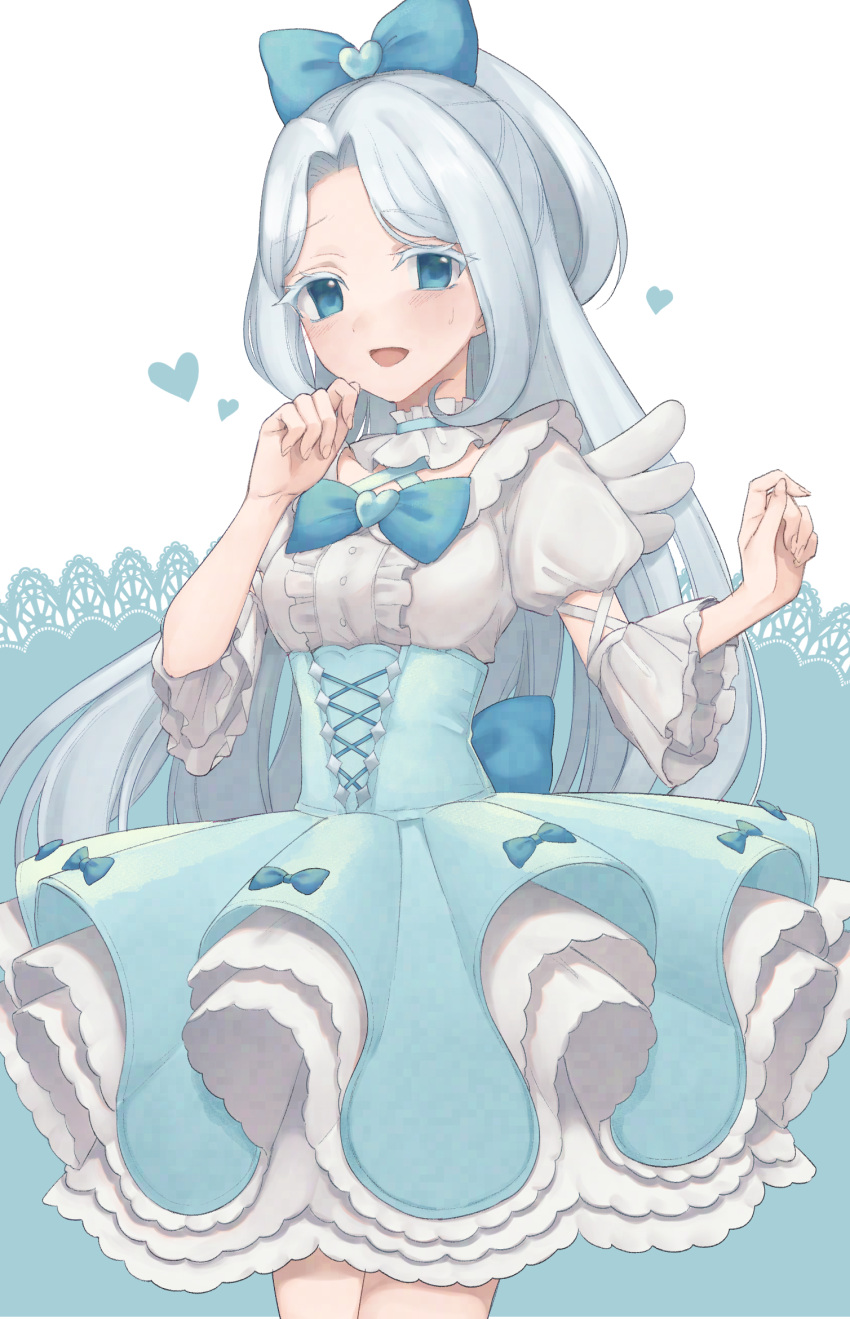 1girl, :d, bad_id, bad_twitter_id, blue_bow, blue_eyes, blue_hair, blue_skirt