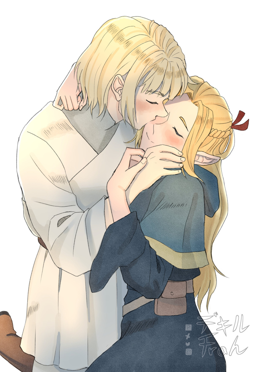 2girls, absurdres, artist_name, belt_pouch, blonde_hair, blue_capelet, blue_robe, boots