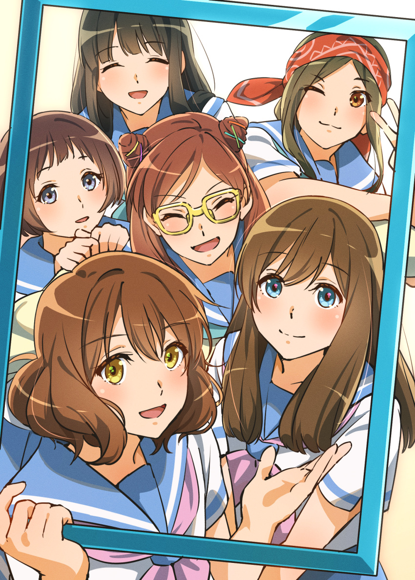 6+girls, ^_^, bandana, black_hair, blue_eyes, blue_sailor_collar, blue_skirt, blush, brown_eyes, brown_hair, closed_eyes, closed_mouth, cone_hair_bun, fuyuhino, glasses, hair_bun, hibike!_euphonium, highres, hiraya_kaho, kamaya_suzume, kamiishi_yayoi, kitauji_high_school_uniform, kuroe_mayu, long_hair, multiple_girls, neckerchief, one_eye_closed, open_mouth, oumae_kumiko, purple_neckerchief, red_bandana, sailor_collar, school_uniform, serafuku, shirt, short_hair, short_sleeves, sidelocks, skirt, white_shirt, yellow-framed_eyewear, yellow_eyes, yoshii_sari