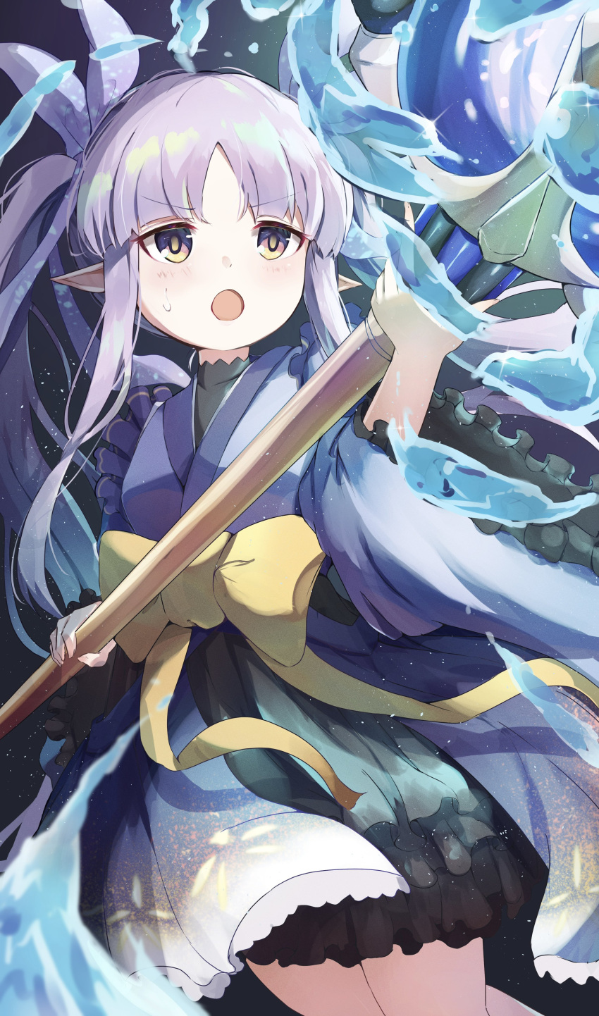 1girl, absurdres, black_skirt, blue_kimono, blue_ribbon, elf, highres, holding, holding_staff, japanese_clothes, kimono, kyouka_(princess_connect!), long_hair, long_sleeves, open_mouth, orb, pointy_ears, princess_connect!, purple_hair, ribbon, skirt, solo, staff, sweat, twintails, very_long_hair, wide_sleeves, wimawi