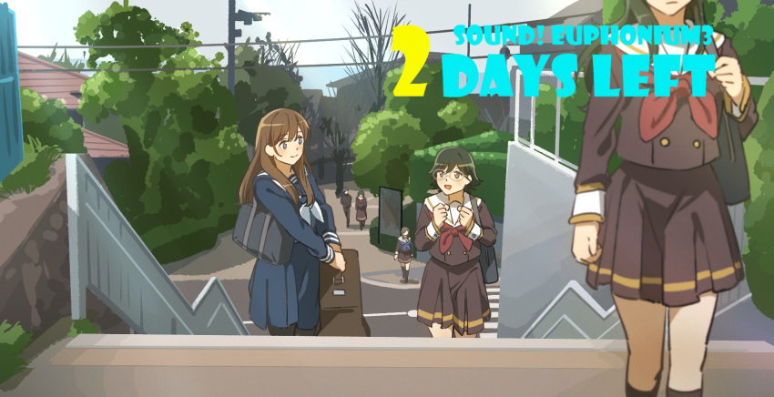 1boy, 5girls, bag, black_bag, black_jacket, black_pants, black_pantyhose, black_socks