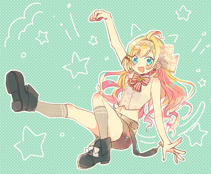 1girl, :d, ahoge, aqua_eyes, aqua_nails, arm_up, bare_shoulders, blonde_hair