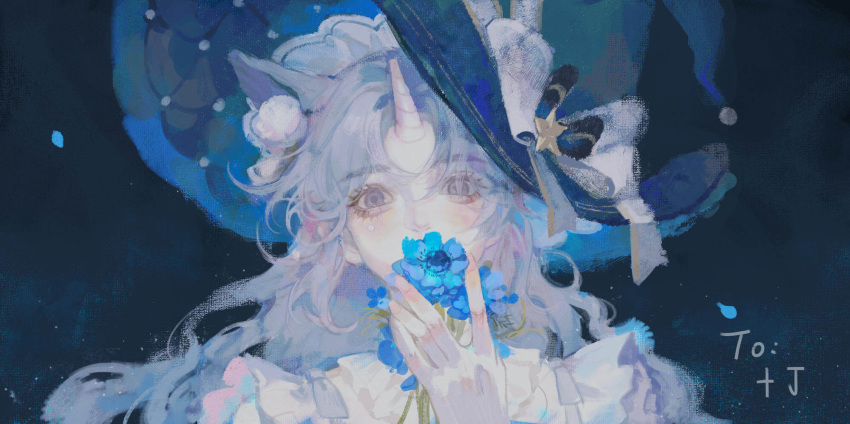 1girl, animal_ear_fluff, animal_ears, bai_qin, blue_background, blue_bow, blue_flower, blue_hat