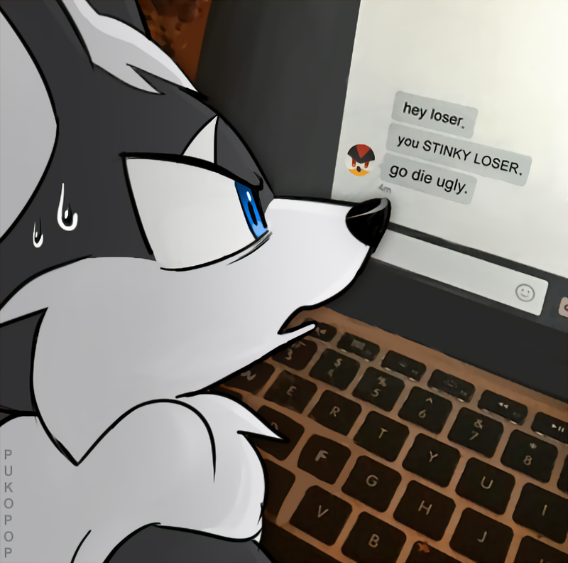 1boy, artist_name, black_fur, blue_eyes, computer, from_side, furry, furry_male
