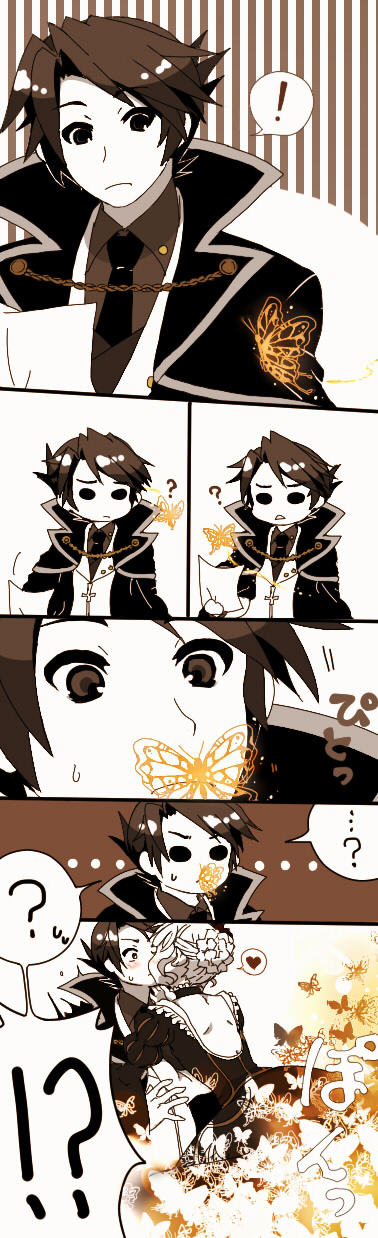 artist_request, butterfly, comic, highres, kiss, kusunoki_kotori, monochrome, silent_comic
