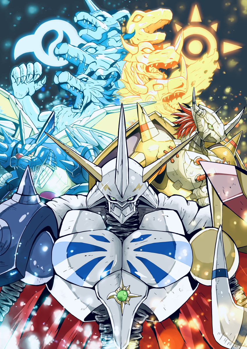 absurdres, agumon, armor, blue_armor, cape, colored_skin, cyborg, digimon