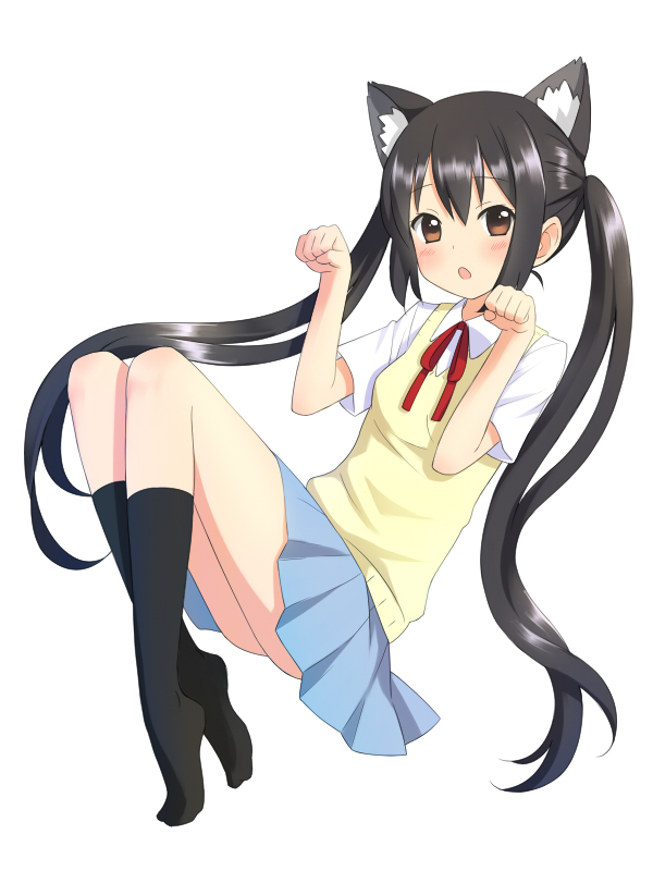 bad_id, black_hair, brown_eyes, cat_ears, cat_pose, chrono_(pixiv), k-on!, kuro_(chrono)