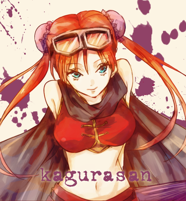 cape, double_bun, gintama, goggles, goggles_on_head, kagura_(gintama), midriff, navel, red_hair, redhead, shiyuta, twintails