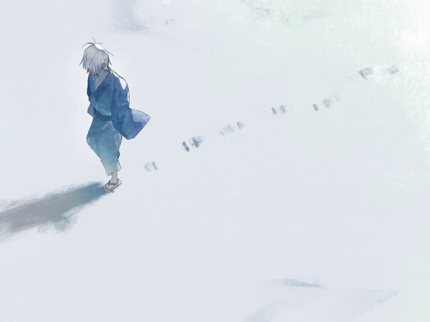 1boy, backlighting, blue_kimono, day, footprints, from_above, from_side, ge_mochi, gegege_no_kitarou, geta, grey_hair, highres, japanese_clothes, kimono, kitarou_tanjou:_gegege_no_nazo, long_sleeves, male_focus, medama_oyaji, medama_oyaji_(human), obi, outdoors, sash, shadow, short_hair, sleeves_past_fingers, sleeves_past_wrists, snow, solo, walking, white_background, wide_shot, wide_sleeves, winter