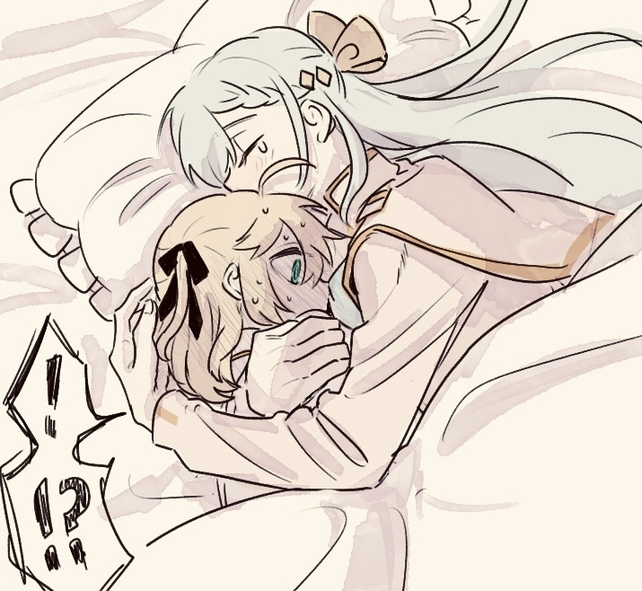 !?, 2girls, anisphia_wynn_palettia, black_ribbon, blonde_hair, blue_hair, blush, closed_eyes
