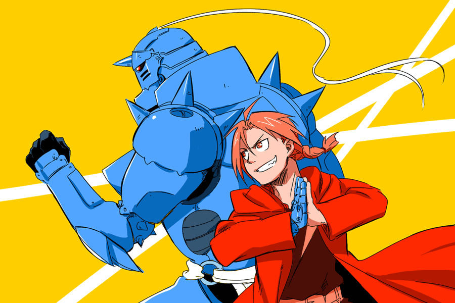 alphonse_elric, armor, braid, coat, edward_elric, fullmetal_alchemist, rikko, smirk