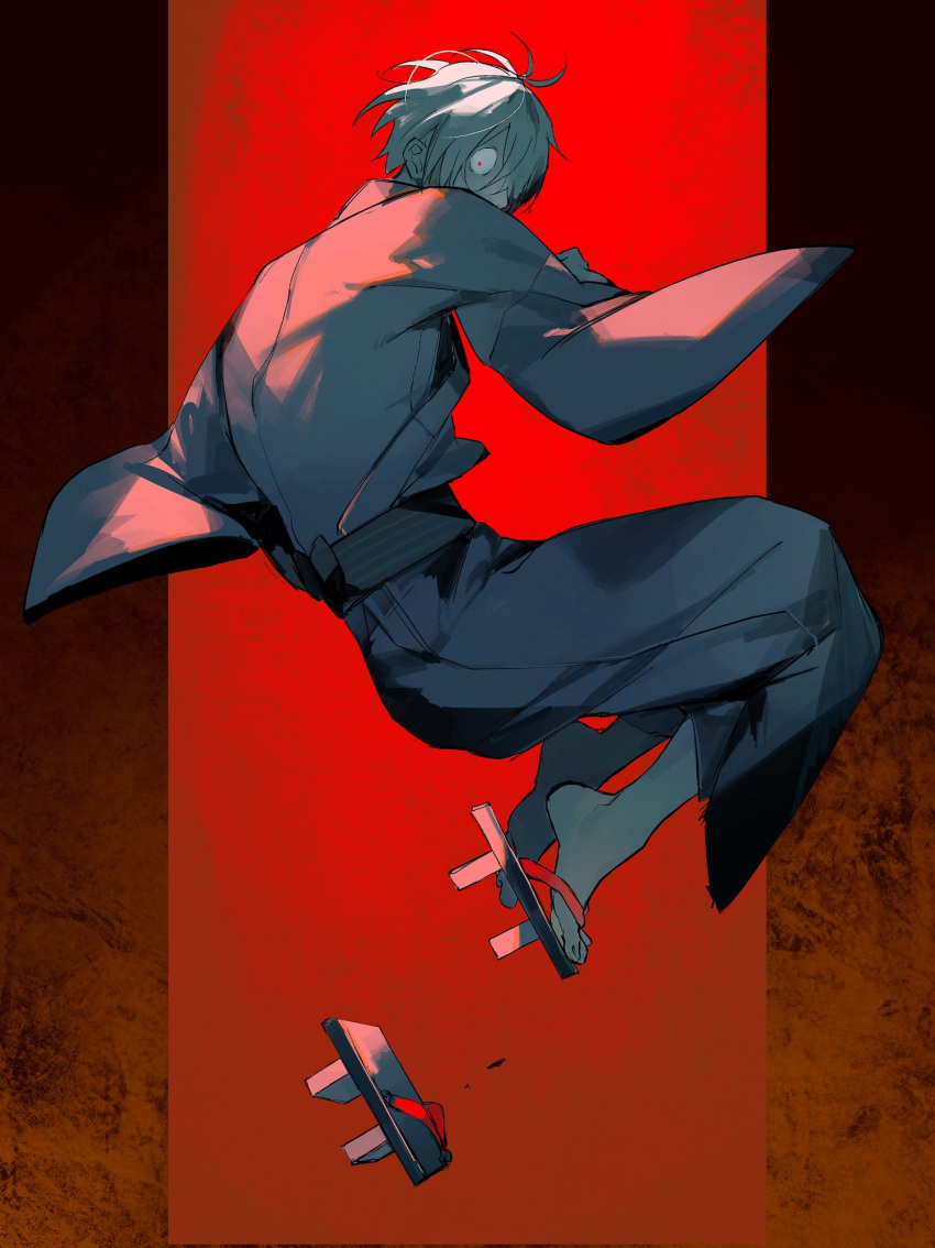 1boy, barefoot, blue_kimono, covered_mouth, from_side, full_body, ge_mochi, gegege_no_kitarou, geta, grey_hair, grey_kimono, hair_over_one_eye, highres, japanese_clothes, jumping, kimono, kitarou_tanjou:_gegege_no_nazo, long_sleeves, looking_at_viewer, looking_to_the_side, male_focus, medama_oyaji, medama_oyaji_(human), obi, one_eye_covered, red_theme, sash, shoe_loss, shoes, short_hair, single_shoe, solo, unworn_shoes, wide_sleeves
