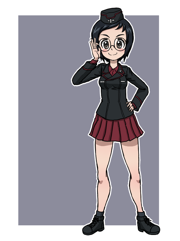 1girl, adjusting_eyewear, black_eyes, black_hair, black_jacket, commentary, garrison_cap, girls_und_panzer