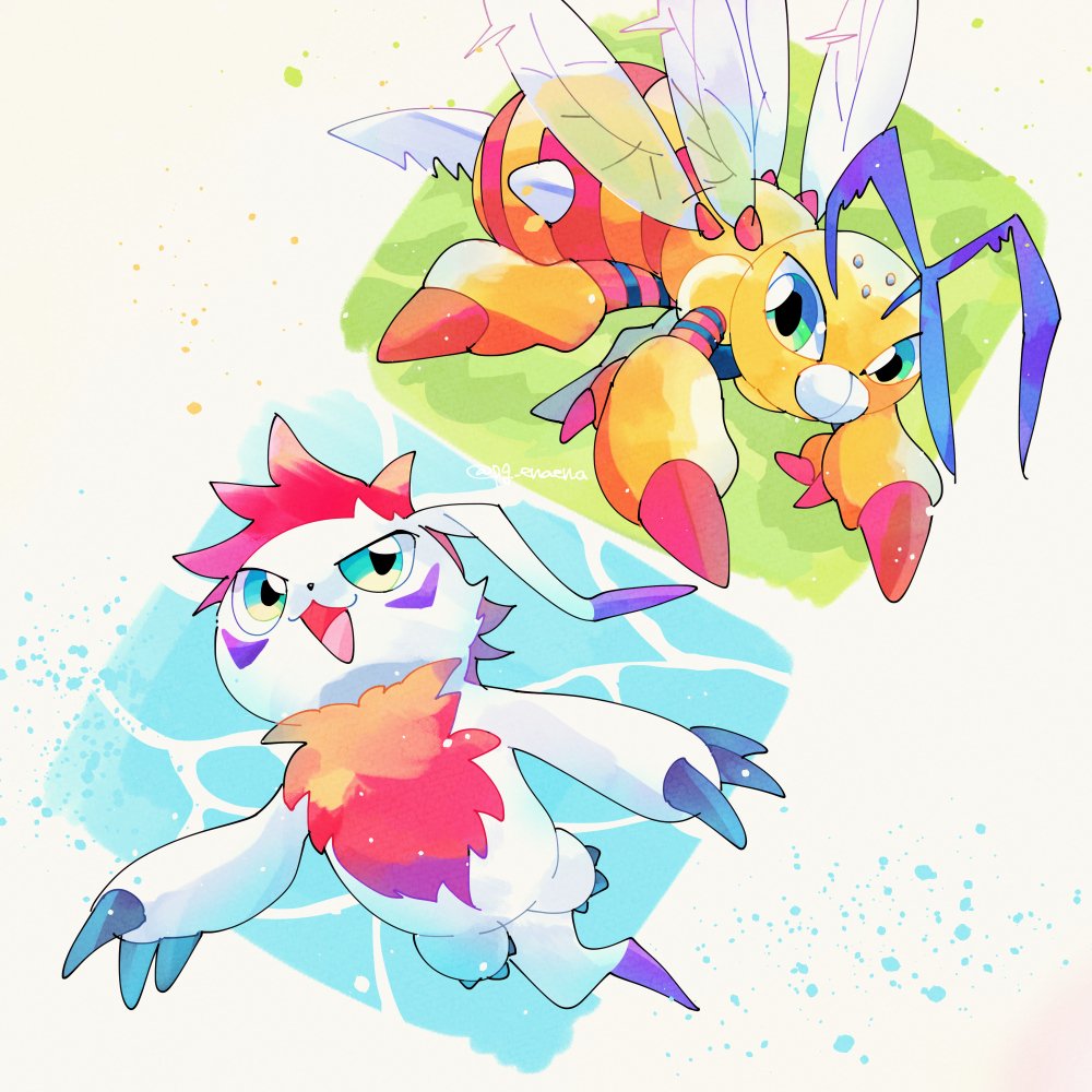 :3, antennae, bee, bug, chest_hair, colored_skin, digimon, digimon_(creature)