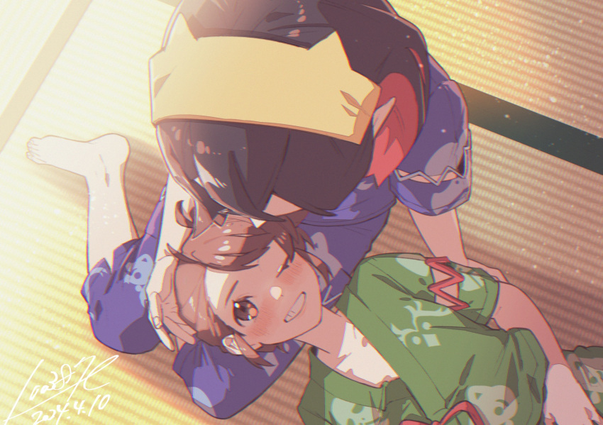 100387l, 2girls, ;d, barefoot, black_hair, blush, brown_eyes, brown_hair, carmine_(pokemon), dated, hairband, highres, japanese_clothes, jinbei_(clothes), juliana_(pokemon), lap_pillow, looking_at_another, multicolored_hair, multiple_girls, one_eye_closed, pokemon, pokemon_sv, redhead, short_sleeves, signature, smile, teeth, two-tone_hair, yellow_hairband, yuri