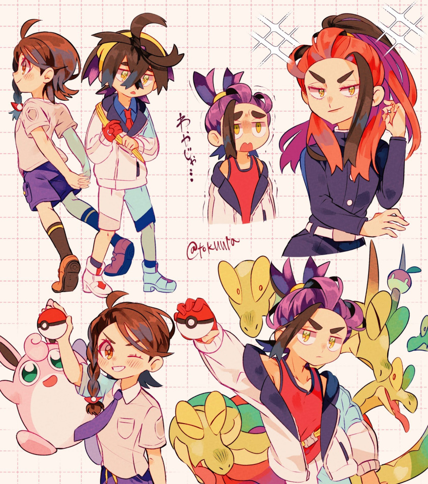 1boy, 2girls, alternate_hairstyle, black_hair, blush, brown_eyes, brown_hair, carmine_(pokemon)