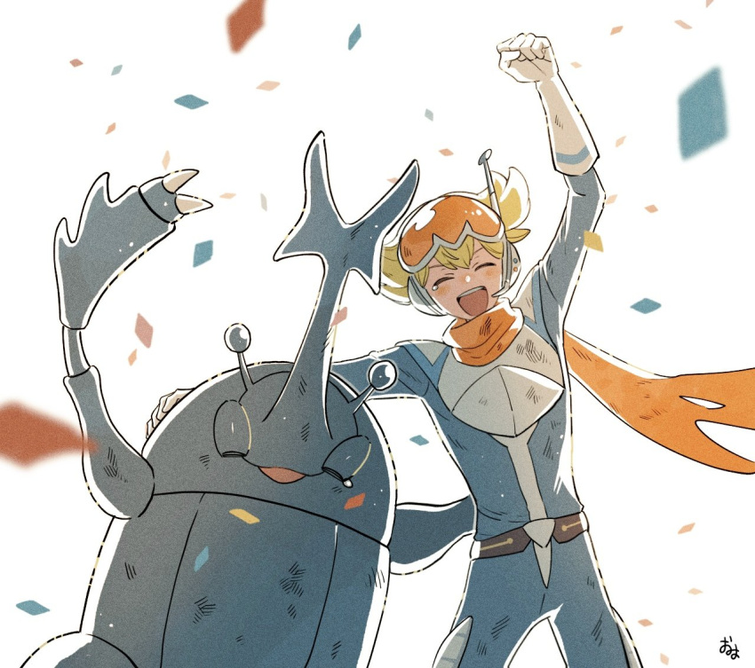 1boy, arm_up, barry_(pokemon), barry_(special_costume)_(pokemon), blonde_hair, blue_bodysuit, bodysuit, clenched_hand