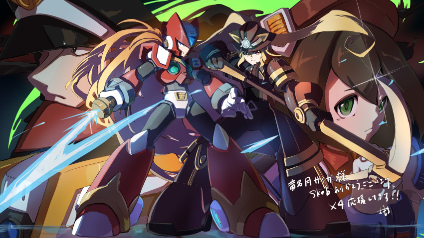 1girl, 3boys, absurdres, adapted_costume, android, armor, black_background, blonde_hair
