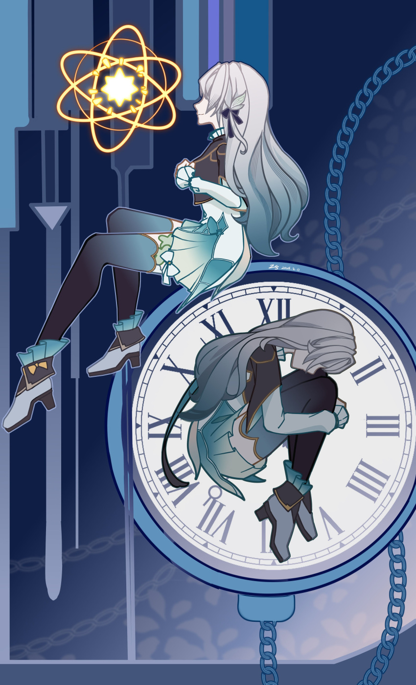 1girl, absurdres, black_jacket, bow, bowtie, breasts, clock, firefly_(honkai:_star_rail), green_skirt, grey_hair, hair_between_eyes, hair_ornament, highres, honkai:_star_rail, honkai_(series), hugging_own_legs, jacket, liuliuliuyezi, long_hair, long_sleeves, medium_breasts, no_eyes, skirt, smile, thigh-highs