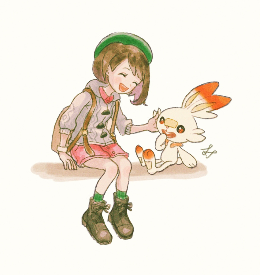 1girl, backpack, bag, boots, brown_bag, brown_footwear, brown_hair, closed_eyes