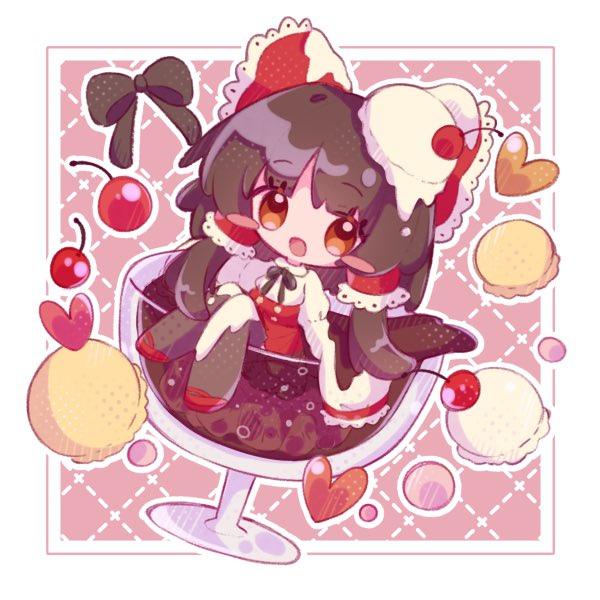 1girl, ascot, black_hair, bow, cake, cherry, chibi, cup, cupping_glass, detached_sleeves, food, frilled_bow, frilled_hair_tubes, frills, fruit, gohei, hair_bow, hair_tubes, hakurei_reimu, hat, heart, inukkomaru, open_mouth, red_bow, red_skirt, ribbon-trimmed_sleeves, ribbon_trim, skirt, skirt_set, solo, touhou, witch_hat, yellow_ascot, yellow_eyes