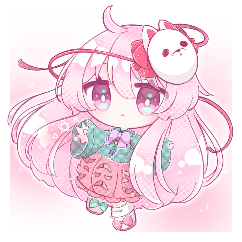 1girl, absurdres, aqua_shirt, bow, bubble_skirt, chibi, circle, collar