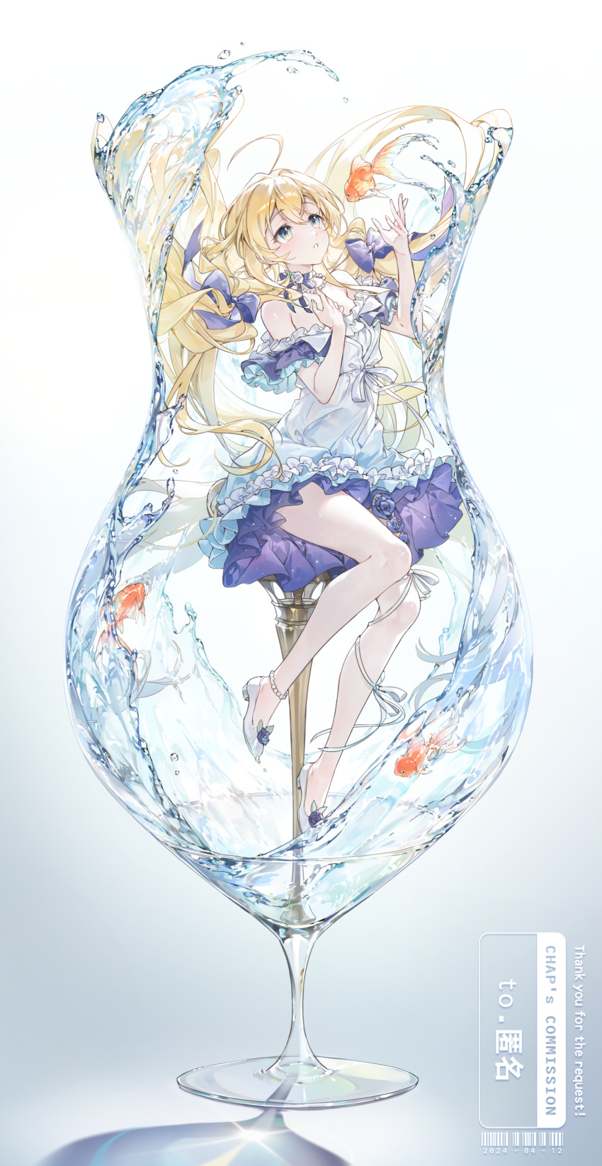 1girl, absurdres, artist_name, barcode, blonde_hair, blue_eyes, chap_sal_!, commission