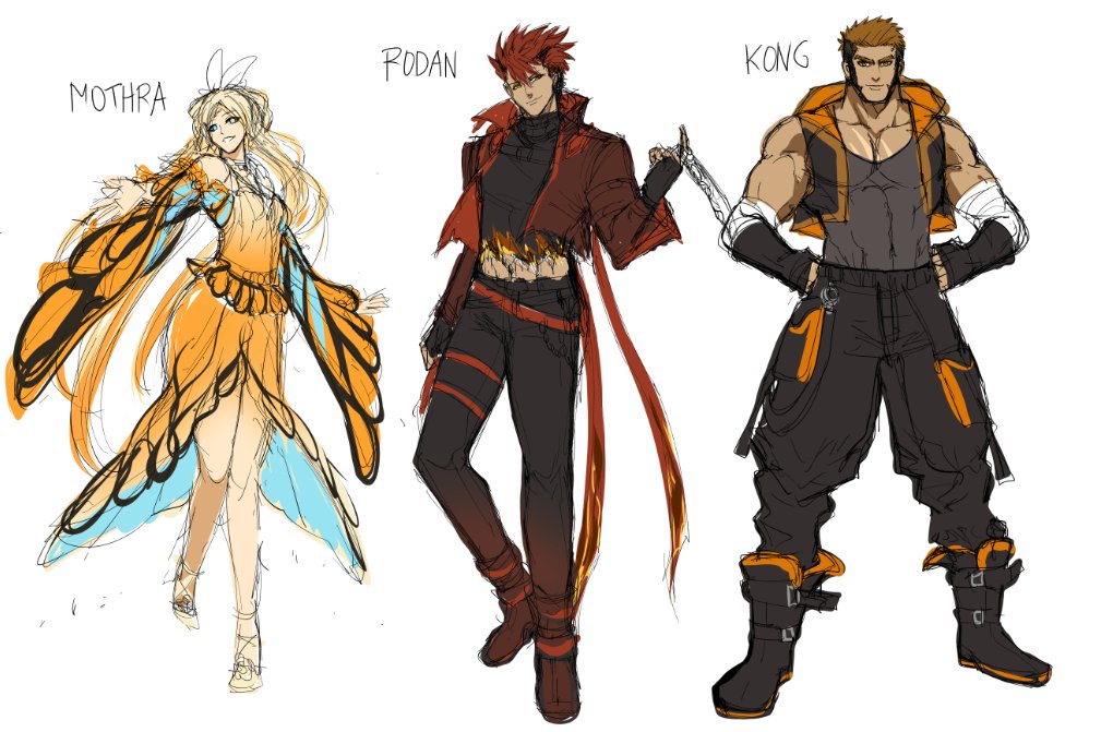1girl, 2boys, blonde_hair, blue_eyes, brown_hair, concept_art, godzilla:_king_of_the_monsters, godzilla_(series)