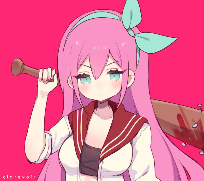 1girl, aliceyawnin, artist_name, aubrey_(faraway)_(omori), aubrey_(omori), baseball_bat, blood, blood_on_weapon, blush, bow, closed_mouth, dot_nose, green_bow, green_eyes, green_hairband, hair_between_eyes, hair_bow, hairband, hand_up, highres, holding, holding_baseball_bat, jacket, juvenile, long_hair, looking_at_viewer, nail, nail_bat, omori, pink_hair, red_background, sidelocks, simple_background, solo, teenage, tomboy, upper_body, v-shaped_eyebrows, very_long_hair, weapon, white_jacket, young