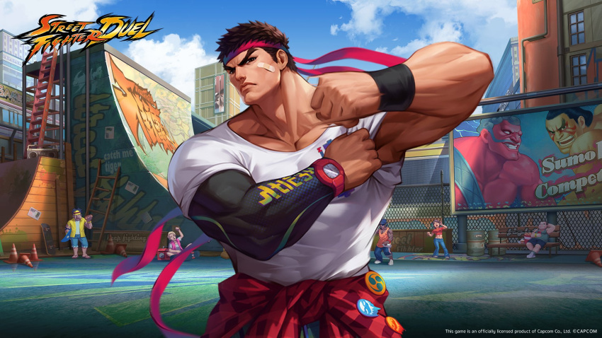 bandaid, buttons, clenched_hand, clouds, cloudy_sky, edmond_honda, flannel, hakan, headband, highres, holding, holding_skateboard, ladder, muscular, muscular_male, official_alternate_costume, official_art, ollie_(skateboarding), ryu_(street_fighter), serious, skateboard, sky, standing, street_fighter, traffic_cone, watch, watch