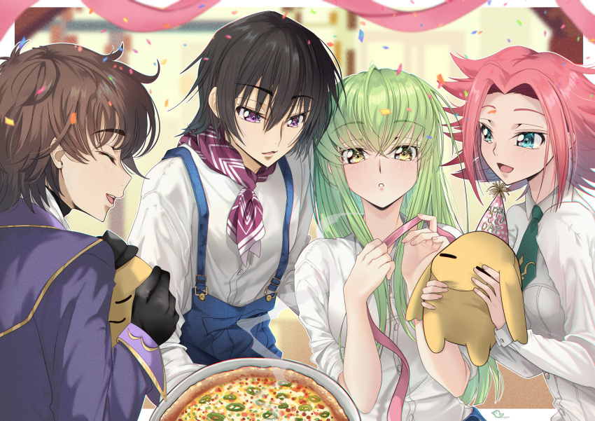 2boys, 2girls, ^_^, absurdres, alternate_costume, aqua_eyes, black_gloves, black_hair