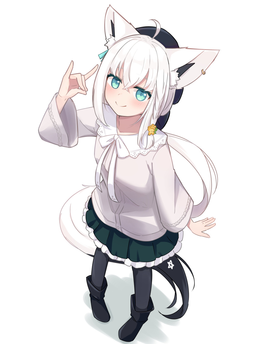 1girl, absurdres, ahoge, animal_ear_fluff, animal_ears, aqua_eyes, arm_up, beret