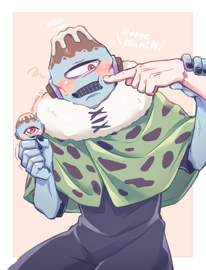 2boys, akasuzu3641, annoyed, black_dress, black_nails, black_teeth, blush, blush_stickers, cheek_poking, chibi, cloak, colored_skin, cork, cowboy_shot, cyclops, dress, fur-trimmed_cloak, fur_trim, green_cloak, grey_skin, highres, holding, holding_chibi, holding_toy, jogo_(jujutsu_kaisen), jujutsu_kaisen, mahito_(jujutsu_kaisen), male_focus, monster_boy, multiple_boys, one-eyed, out_of_frame, poking, print_cloak, red_eyes, shaking, signature, sitting, smile, spotted_cloak, stitched_arm, stitches, sweatdrop, swirl, toy, volcano