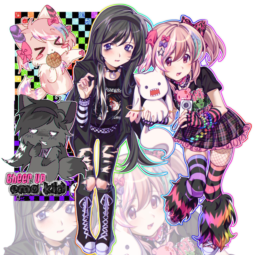 2000s_(style), 2girls, absurdres, akemi_homura, animal_print, black_choker, black_footwear, black_hair