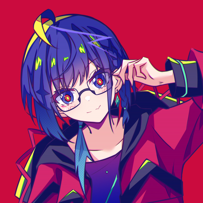 1girl, absurdres, adjusting_eyewear, ahoge, blue_eyes, blue_hair, blue_shirt, blush