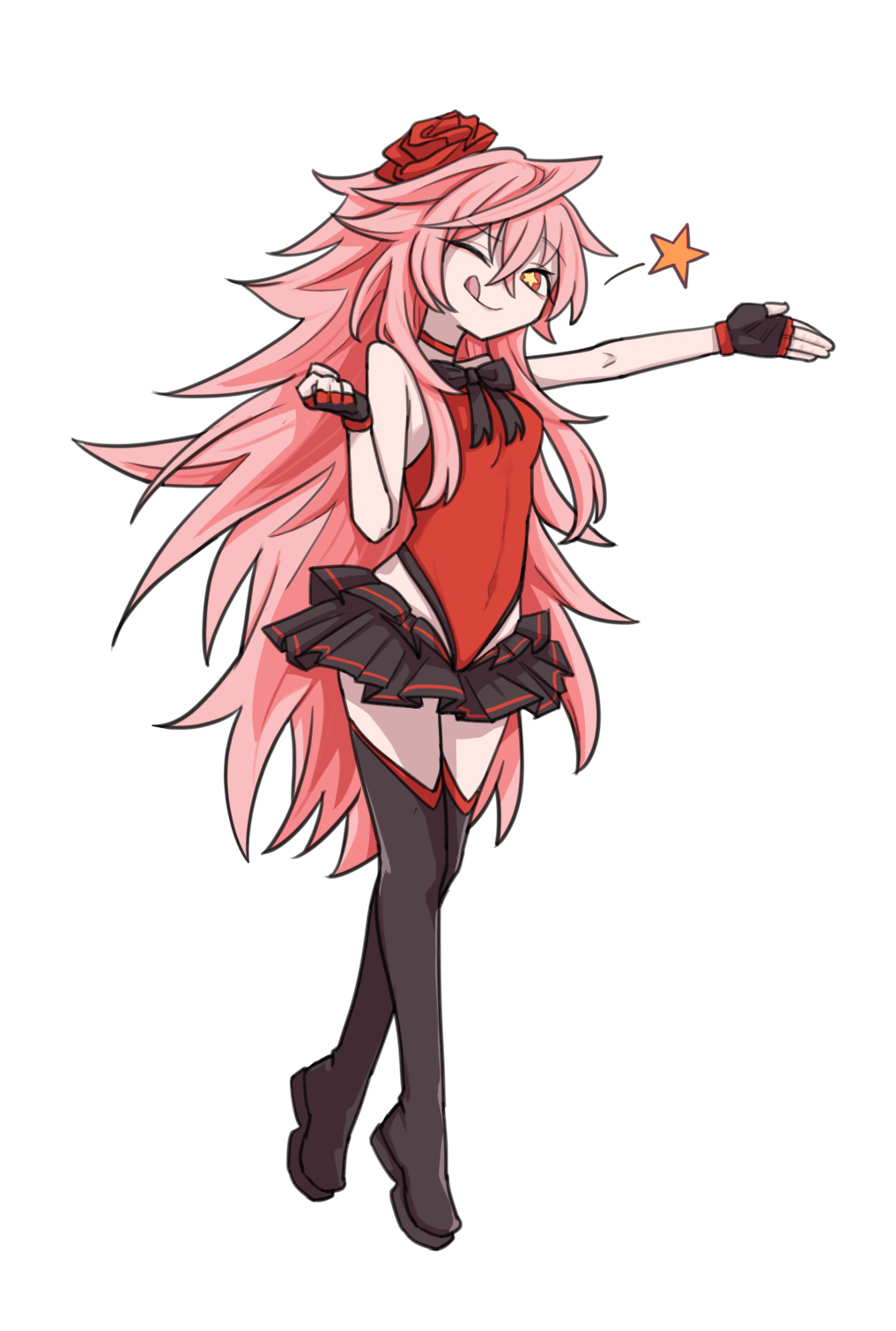 1girl, :q, arm_up, black_bow, black_bowtie, black_footwear, black_gloves, black_skirt, black_souls, boots, bow, bowtie, closed_mouth, fingerless_gloves, flower, gloves, hair_flower, hair_ornament, hand_up, highleg, highleg_leotard, highres, leotard, long_hair, looking_at_viewer, pink_hair, prickett_(black_souls), rabbit_king, red_eyes, red_flower, red_leotard, red_rose, rose, sidelocks, skirt, smile, solo, star-shaped_pupils, star_(symbol), symbol-shaped_pupils, thigh_boots, tongue, tongue_out, very_long_hair