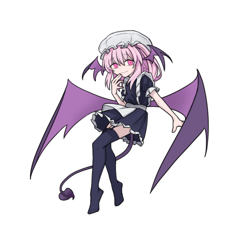 1girl, apron, black_dress, black_souls, black_thighhighs, demon_girl, demon_tail, demon_wings