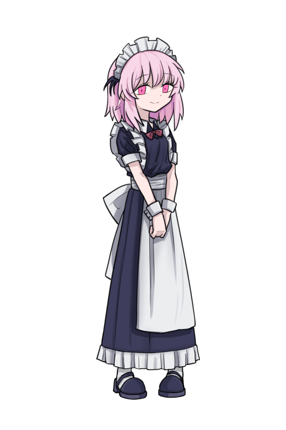 1girl, apron, black_dress, black_footwear, black_souls, bow, bowtie, closed_mouth