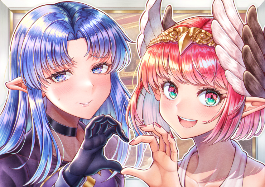 2girls, absurdres, black_choker, blue_eyes, blue_hair, blush, choker, circe_(fate)