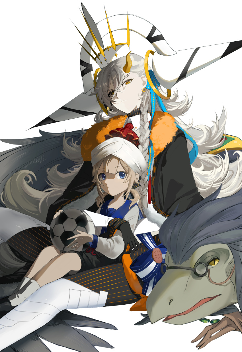 1girl, 1other, 2boys, absurdres, blue_eyes, braid, cape, dinosaur