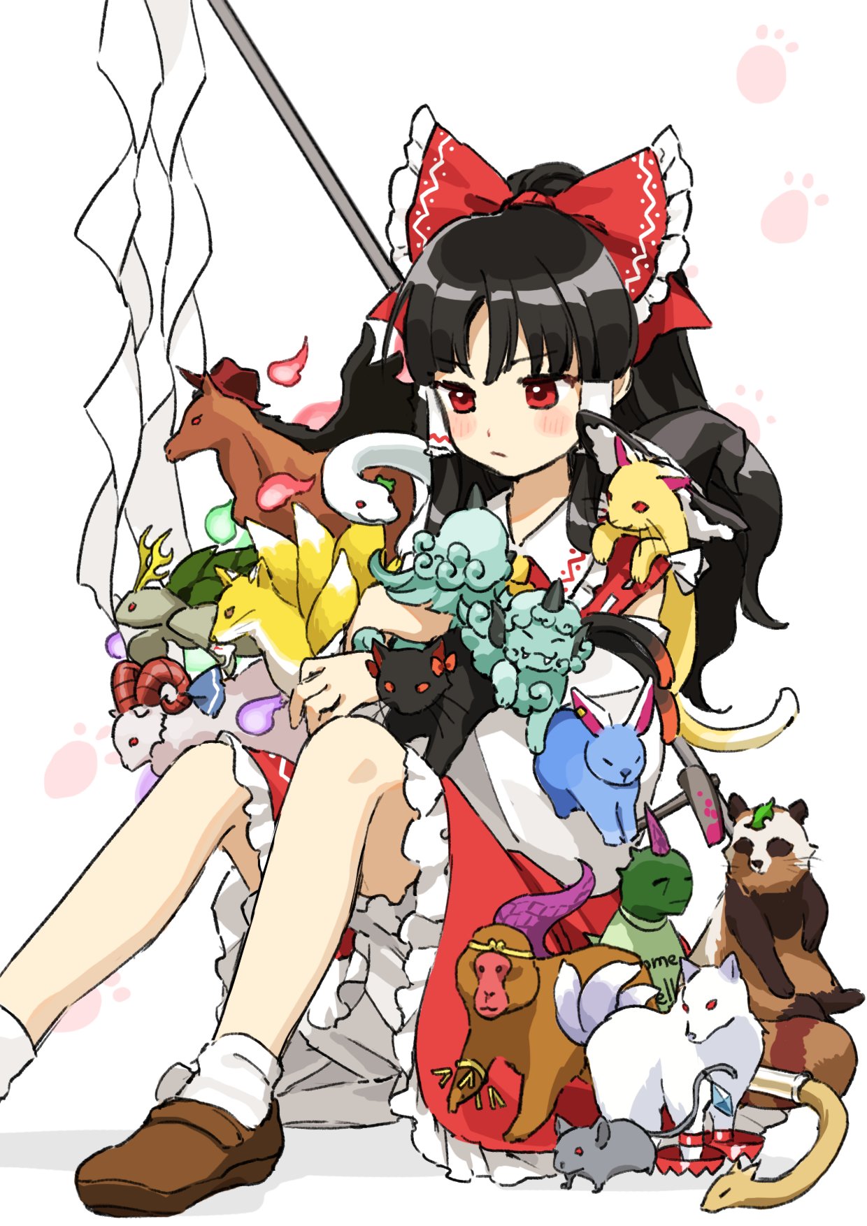 1girl, ascot, black_hair, bloomers, bow, brown_footwear, commentary_request, frilled_bow
